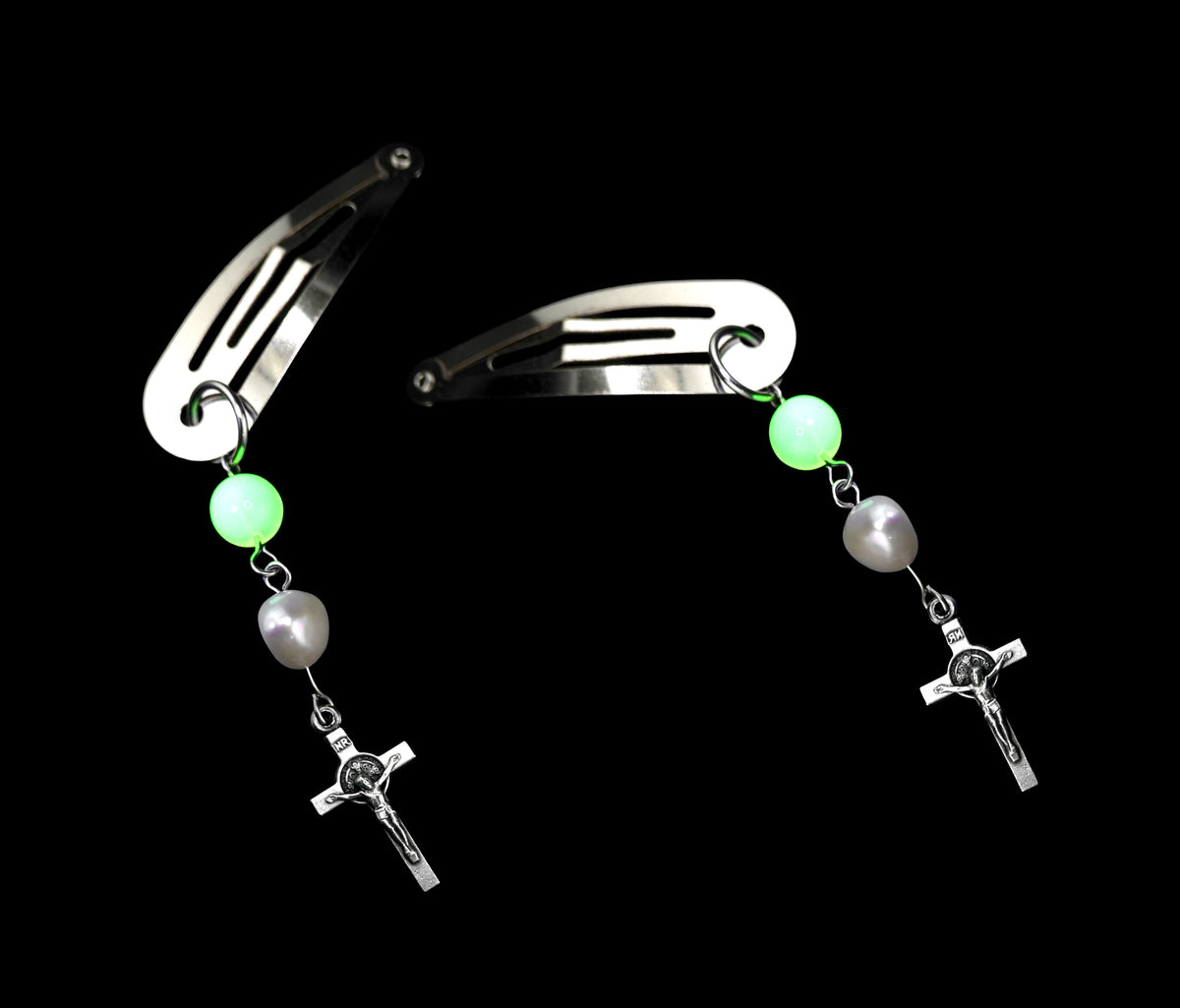 Bone & Uranium Glass Hair Clips